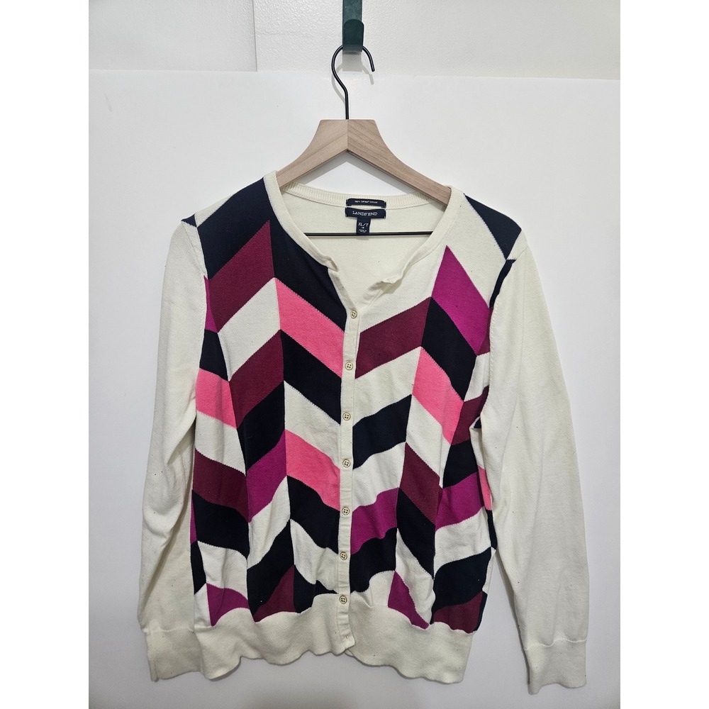 Lands‎ End Supima Cotton Chevron Cardigan Sweater XL Tall Cream Navy Pink Multi